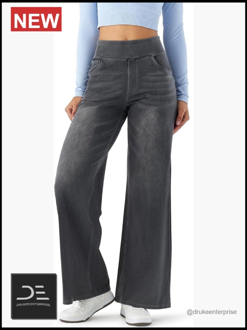 High Rise Wide Leg Jeggings - Stretch Pull On Jeans Pockets